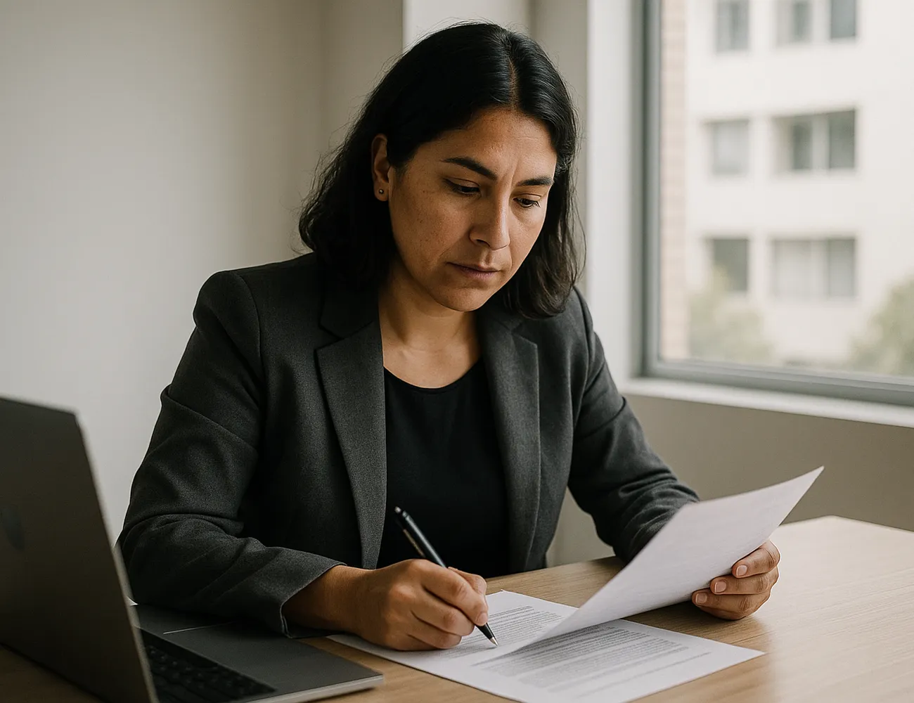 Abogada revisando un documento en su escritorio