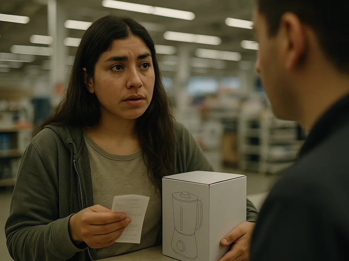 Joven en un mesón de servicio al cliente con un producto