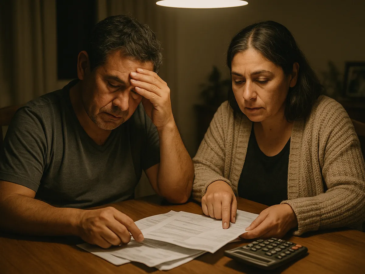 Pareja revisando cuentas en la mesa del comedor