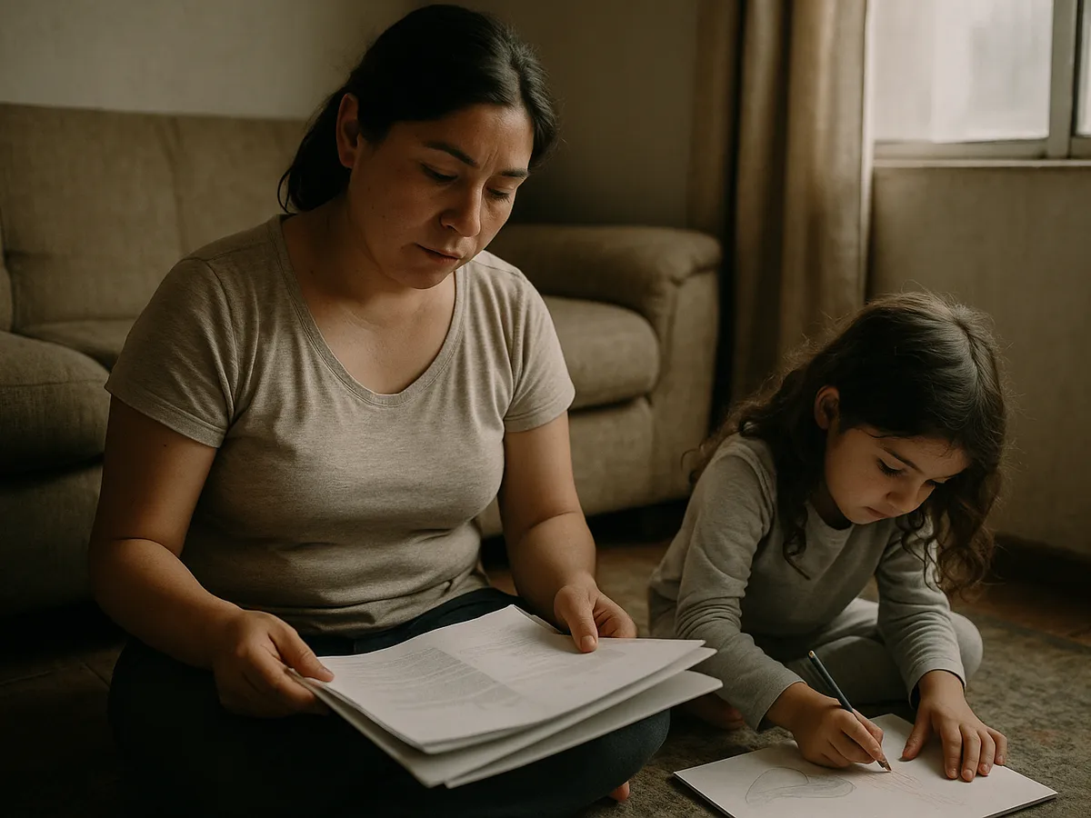 Madre revisando papeles junto a su hija
