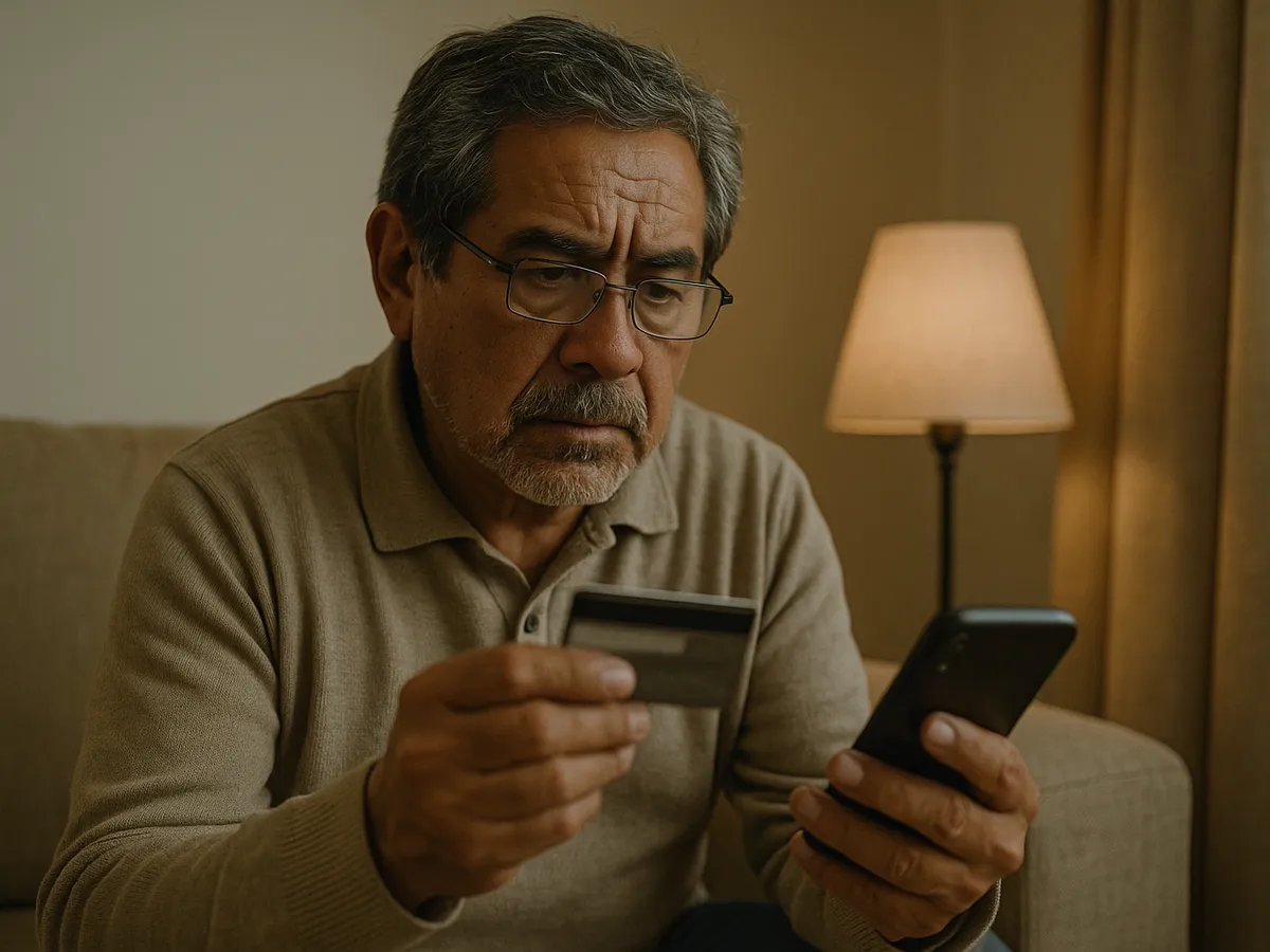 Hombre mayor mirando su tarjeta bancaria y su celular