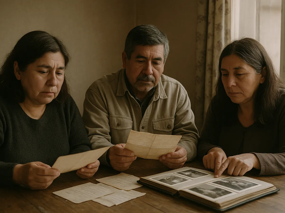 Tres hermanos revisando documentos antiguos