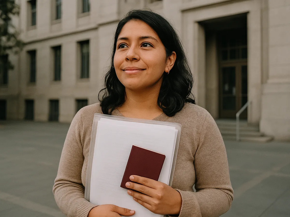 Mujer con pasaporte y carpeta fuera de una oficina pública