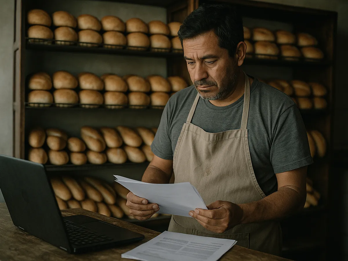 Dueño de una panadería revisando papeles
