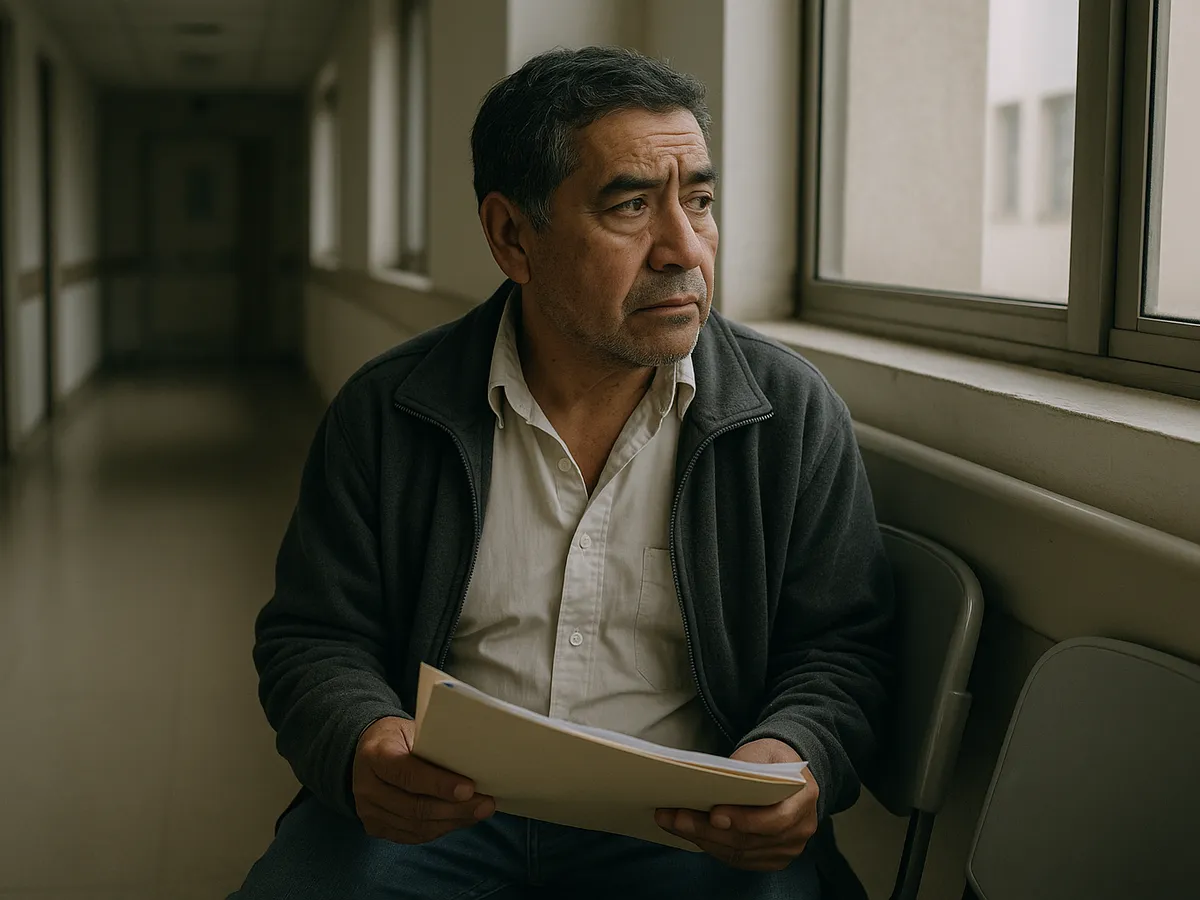 Hombre con una carpeta en el pasillo de un hospital