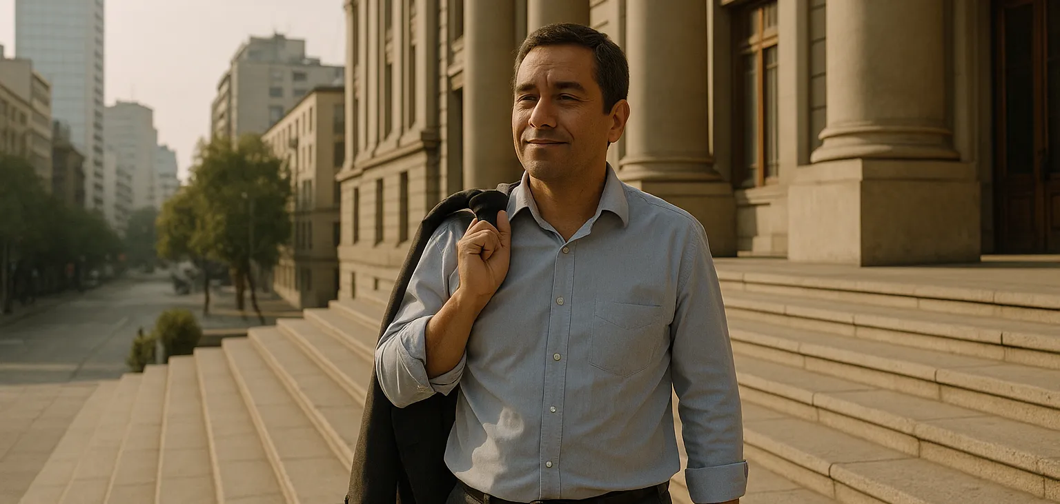Hombre saliendo de un tribunal en la mañana