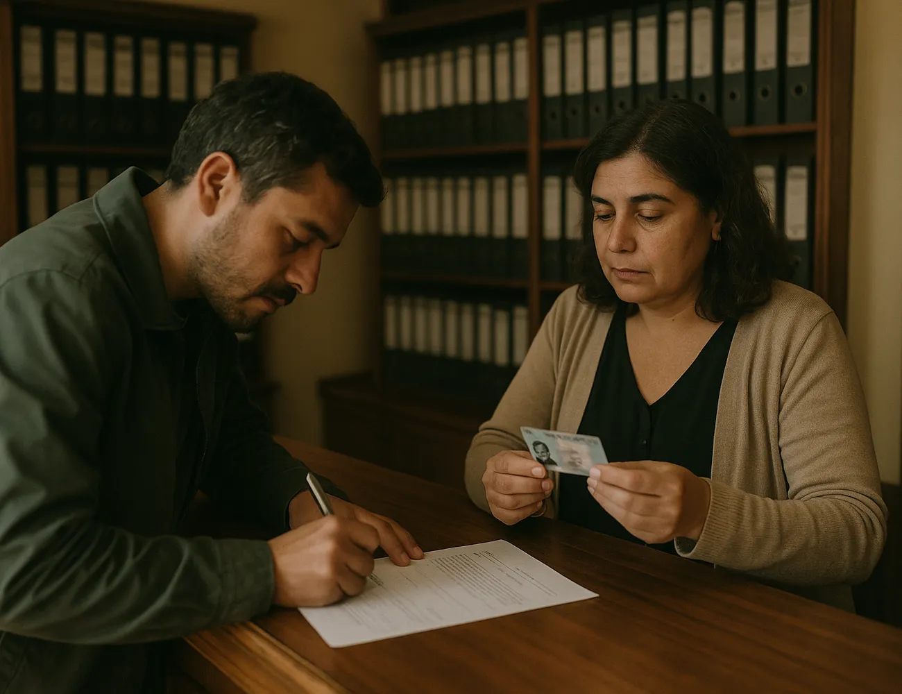 Cliente firmando un documento en el mesón de una notaría