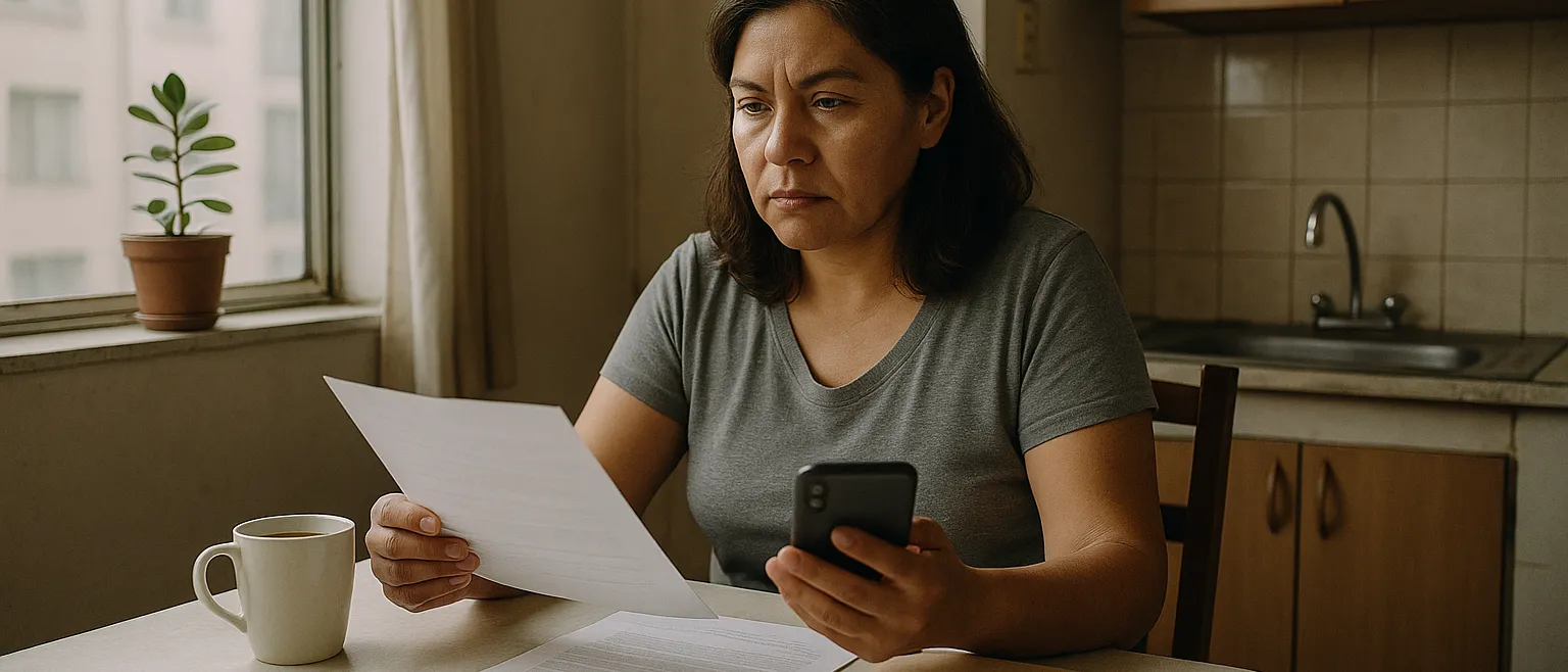 Mujer en la mesa de su cocina revisando una carta y su celular
